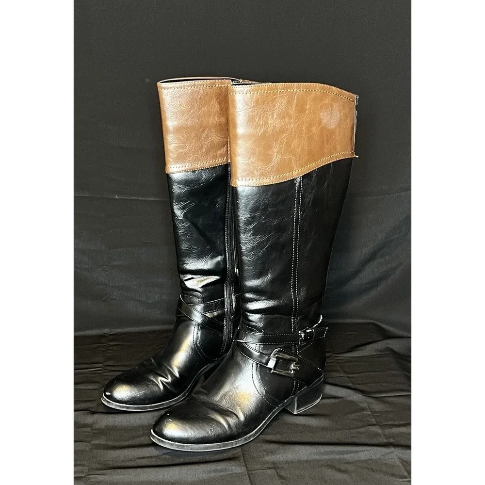 Unisa Untrinee Knee High Boots Size 9.5M Black Brown‎ Faux Leather Riding Boots